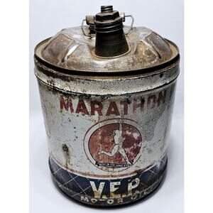 Vintage Marathon V.E.P. Motor Oil 5 Gallon Empty Collectible Can w/Wood Handle